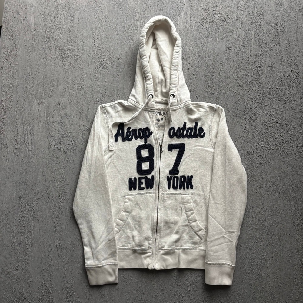 Vintage Aeropostale 87 New York Zip Up Hoodie Mens Medium White 2000s Y2K